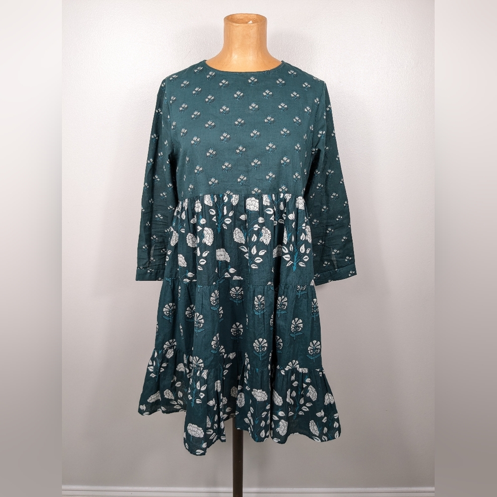 Ro's Garden Teal Renee Mini Dress Size XS Floral Prairiecore Cottagecore Cotton